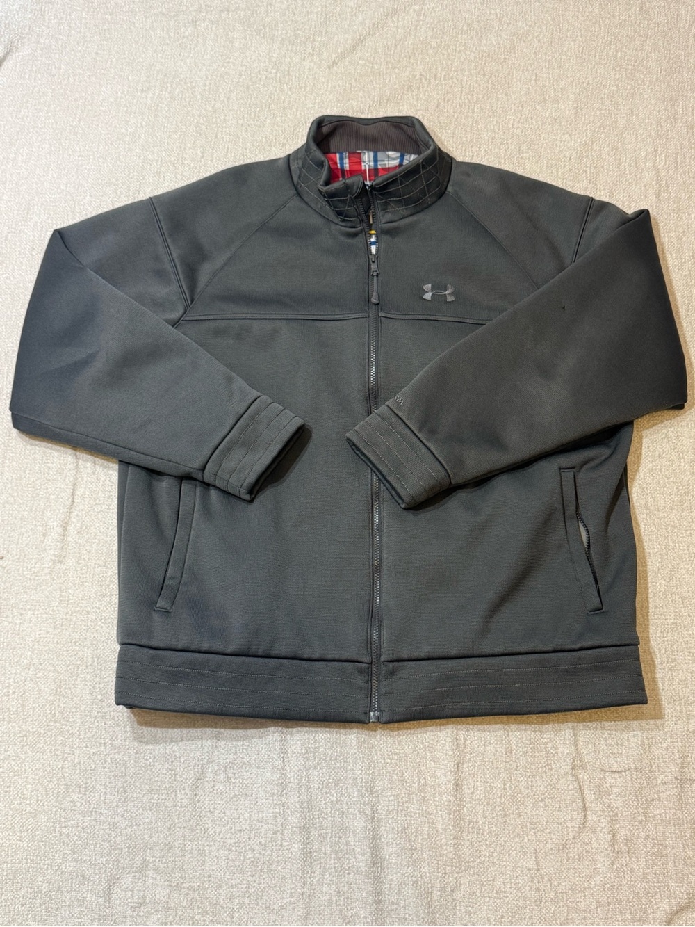 Under Armour Mens Gray Full Zip Jacket Y2K Spellout Plaid Lined Athleisure